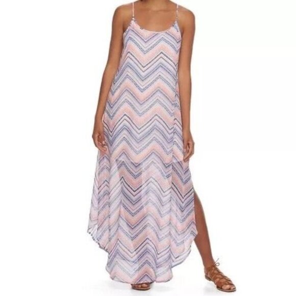 REWIND WOMEN'S SIZE XS DRESS CORAL, WHITE, & BLUE CHEVRON MAXI BEACH PARTY NWT - Picture 1 of 8